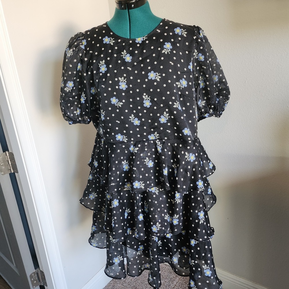 Sandy Liang Womens Sz XL Fit and Flare Tiered Dress Floral & Polka Dots on Black